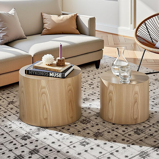 Nesting Coffee Table Set of 2, Modern Round Coffee Table with Non-Slip Feet, Oak Wooden Circle