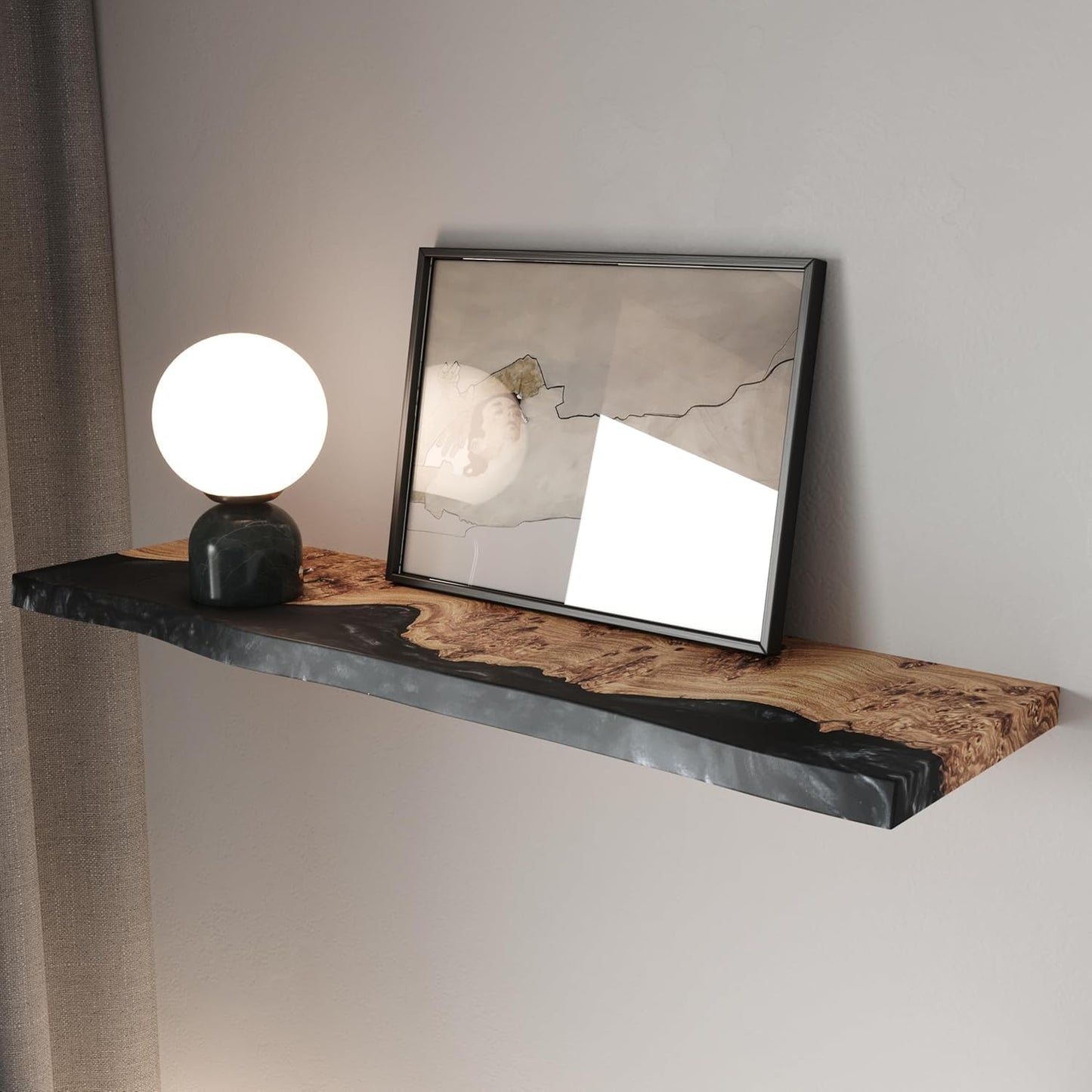 RWA Unique Live Edge Floating Shelf for Wall - Stylish Hanging Shelves for Room Wall Bedroom Bathroom Office Decor, Epoxy and Wood Wall Shelf Plank - Elegant Wall Mounted Shelves (black, 16x6")