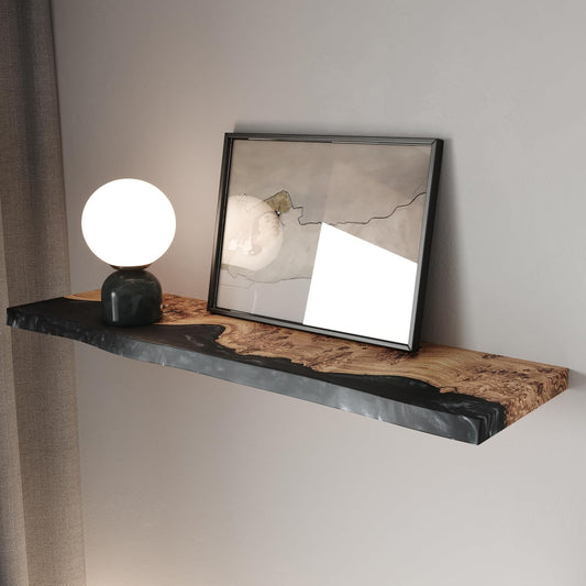 RWA Unique Live Edge Floating Shelf for Wall - Stylish Hanging Shelves for Room Wall Bedroom Bathroom Office Decor, Epoxy and Wood Wall Shelf Plank - Elegant Wall Mounted Shelves (black, 16x6")