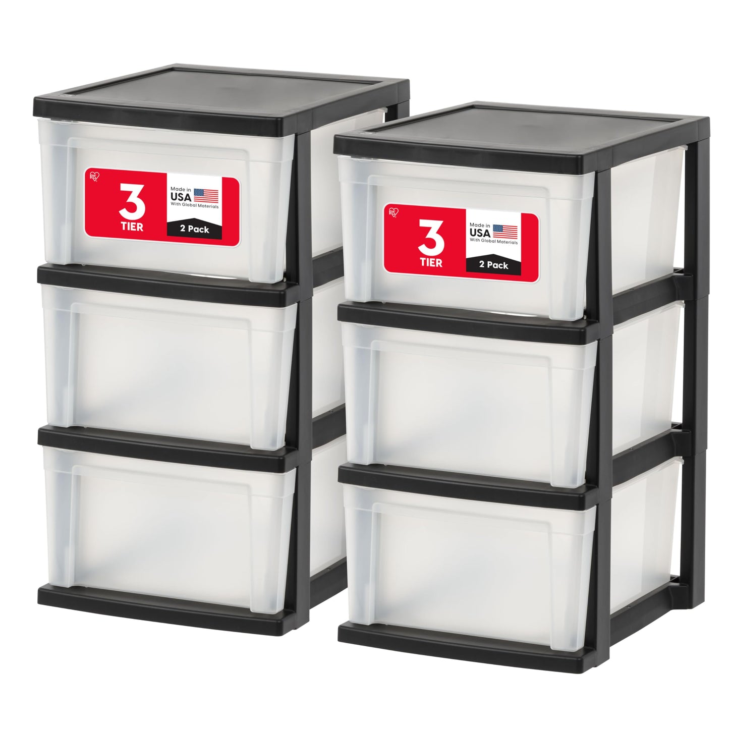 IRIS USA 3-Drawer Slim Narrow Storage Organizer, 2-Pack, Black/Clear