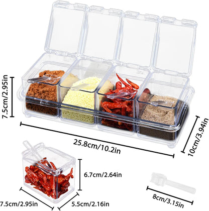 Clear Spice Containers, 4 Pieces Condiment Container with Lids for Salt Sugar, Acrylic Spice Rack Spice Container with Spoon