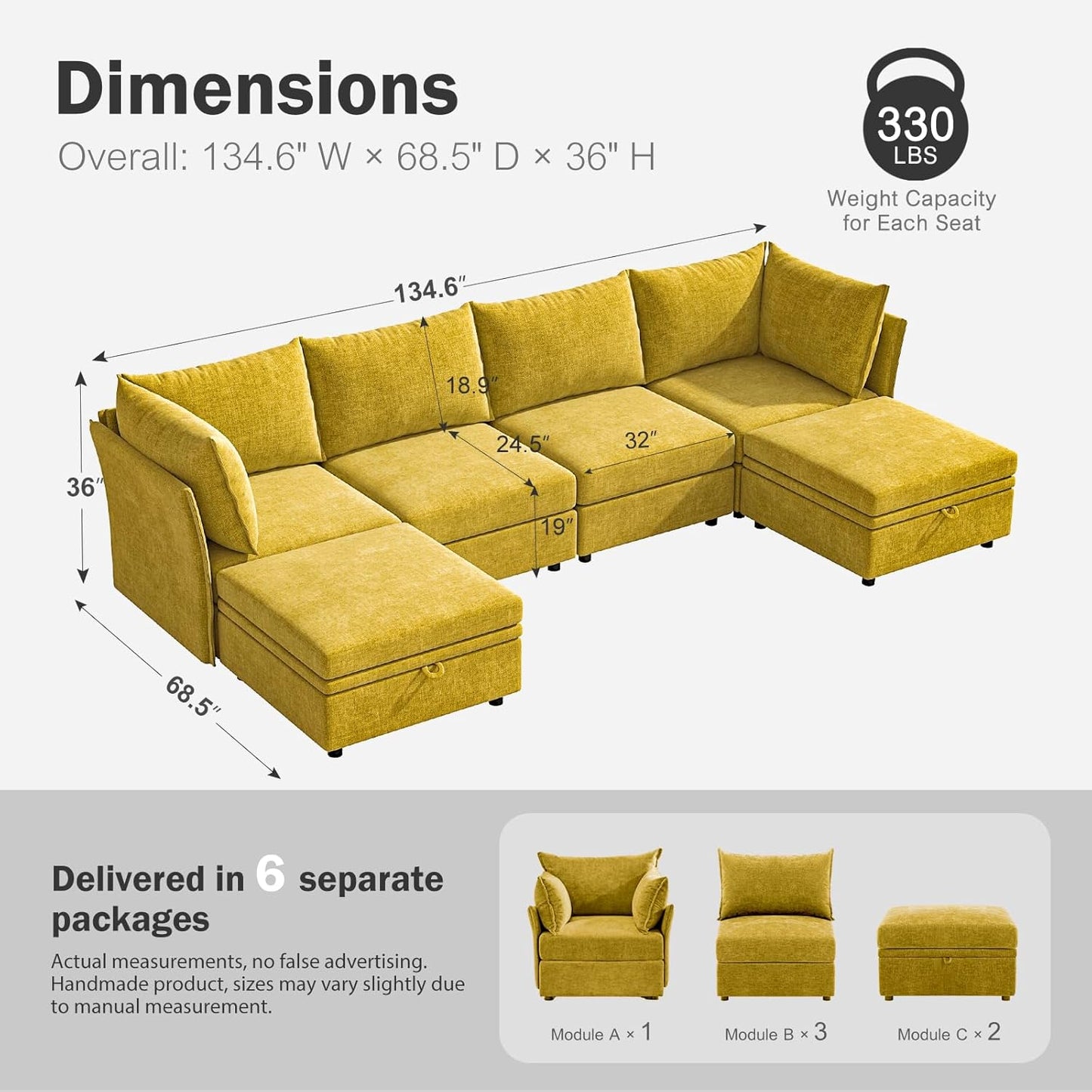 134.6" Oversized Modular Sectional Sofa, 6 Seater U Shaped Couch with Storage Ottoman with Reversible Chaise Deep Seat for Living Room, Apartment - Chenille Yellow