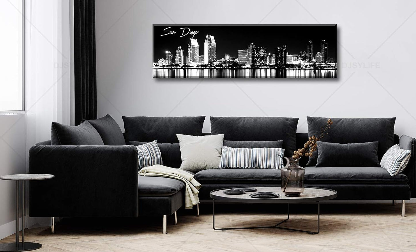 DJSYLIFE San Diego Skyline Wall Art Black and White Night View USA Cityscape California Pictures Artwork Painting Poster for Bedroom Office Decoration Stretch Framed Ready to Hang 13.8"x47.3"