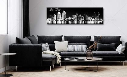 DJSYLIFE San Diego Skyline Wall Art Black and White Night View USA Cityscape California Pictures Artwork Painting Poster for Bedroom Office Decoration Stretch Framed Ready to Hang 13.8"x47.3"