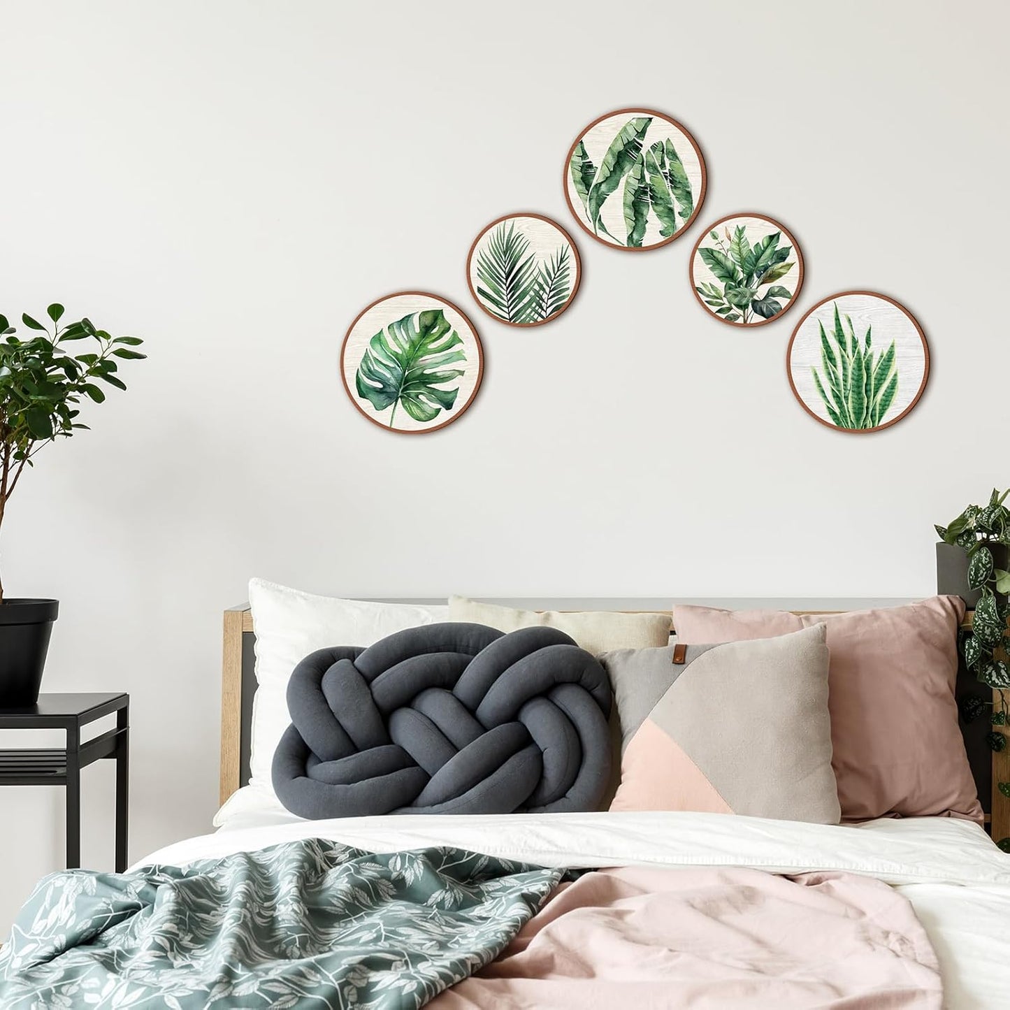 Qunclay 5 Pcs Wall Art Decor Wooden Living Room Wall Decor Bohemian Hanging Farmhouse Geometric 10'' and 8'' Aesthetic Wood Minimalist Posters for Bedroom(Leaves)