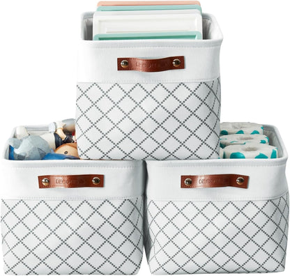 DECOMOMO White Storage Bins Fabric Storage Baskets for Shelves, Linen Closet Organization Toys Nursery (White Check, Large - 3 Pack)