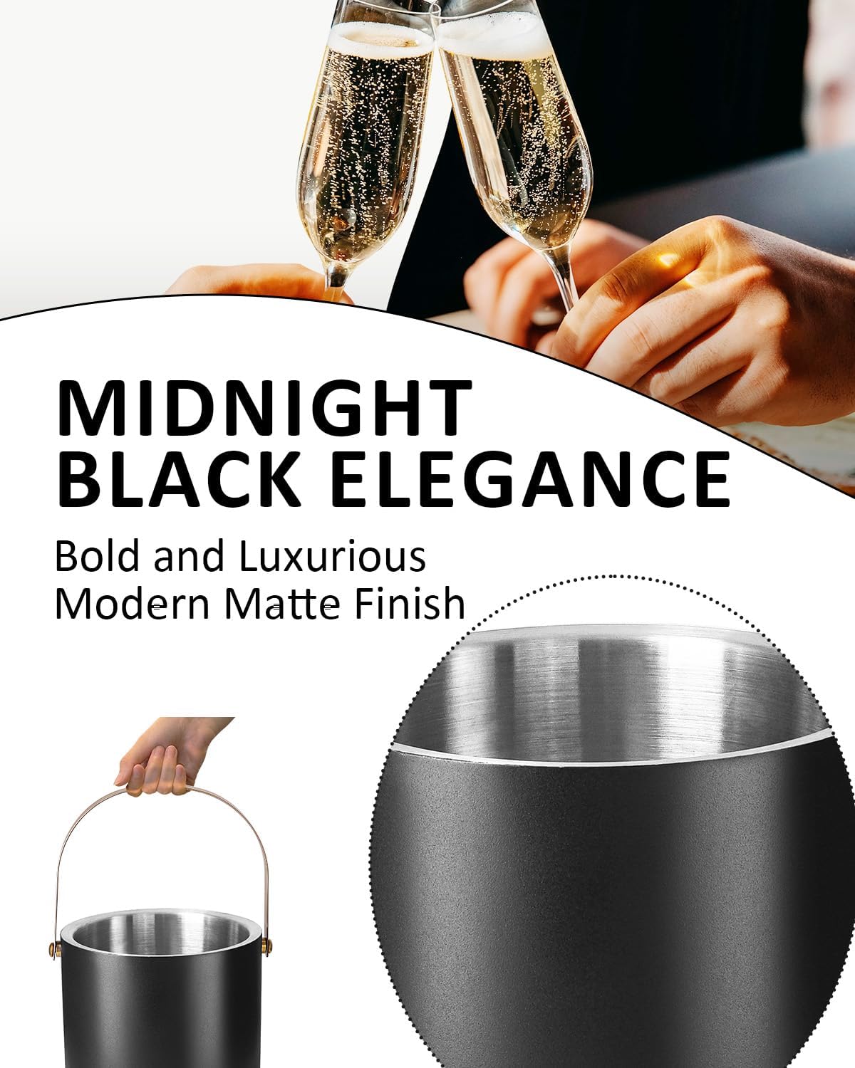 3L Ice Bucket with Silicone Lid, Scoop, Gold Tongs & Strainer, Stainless Steel Double Wall Insulated Ice Buckets for Parties & Cocktail Bar, Outdoor Champagne Ice Container Bin, Black
