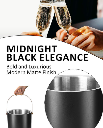 3L Ice Bucket with Silicone Lid, Scoop, Gold Tongs & Strainer, Stainless Steel Double Wall Insulated Ice Buckets for Parties & Cocktail Bar, Outdoor Champagne Ice Container Bin, Black
