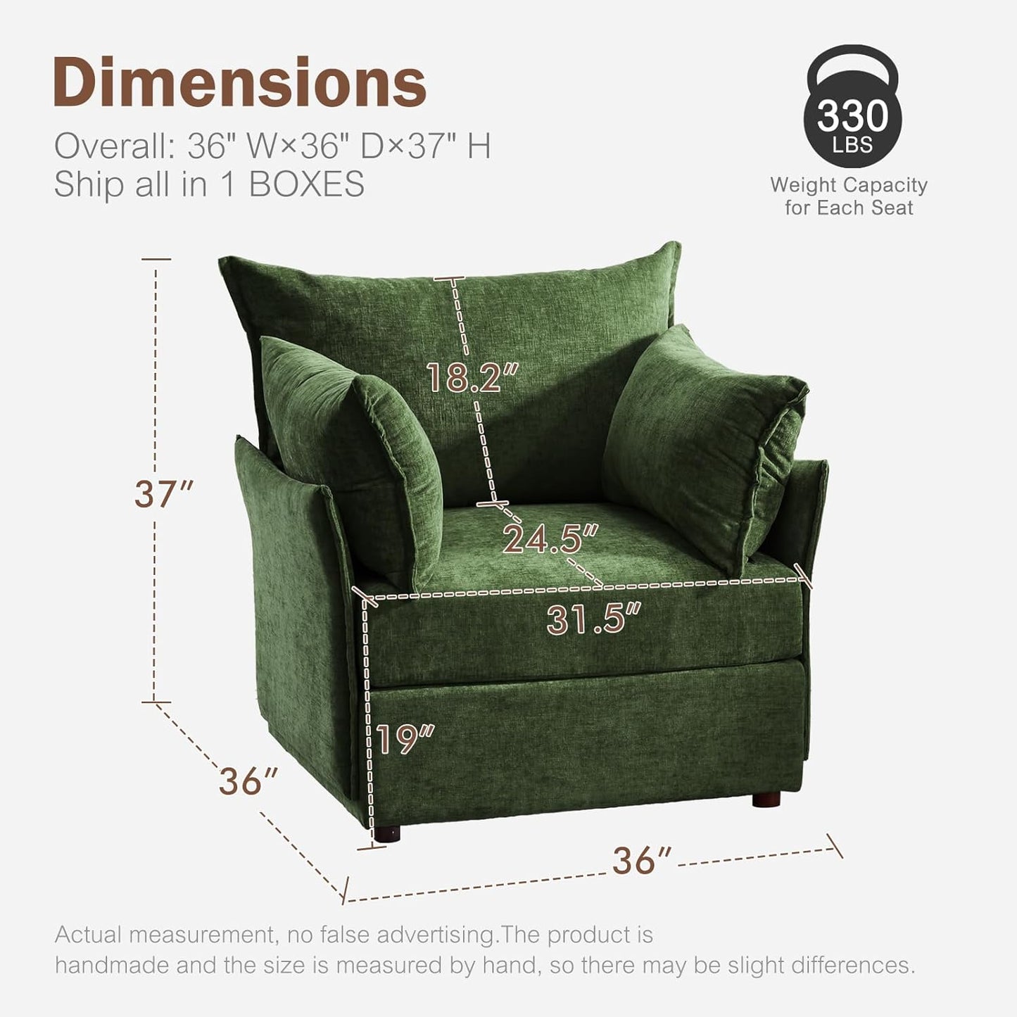 Oversized Accent Chair, Upholstered Modern Sofa Chair with Removable Backrest & Detachable Cover, 24.5" Deep Seat Large Reading Armchair for Living Room Bedroom Office - Chenille Green Set of 1