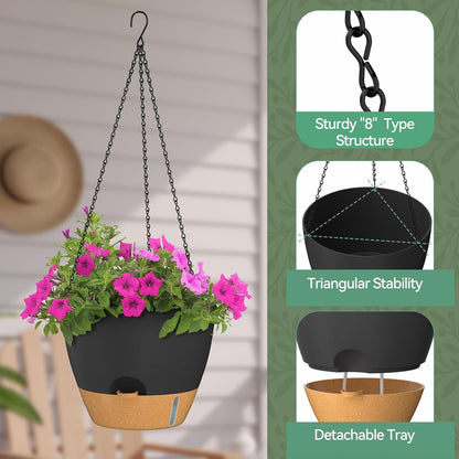 ZMTECH 12 Inch Hanging Planters for Indoor Outdoor Plants, 2 Pack Self Watering Hanging Plant Pots with Drainage Hole, Visual Reservoir, Plastic Flower Hanging Pots with Watering Lip (Black)
