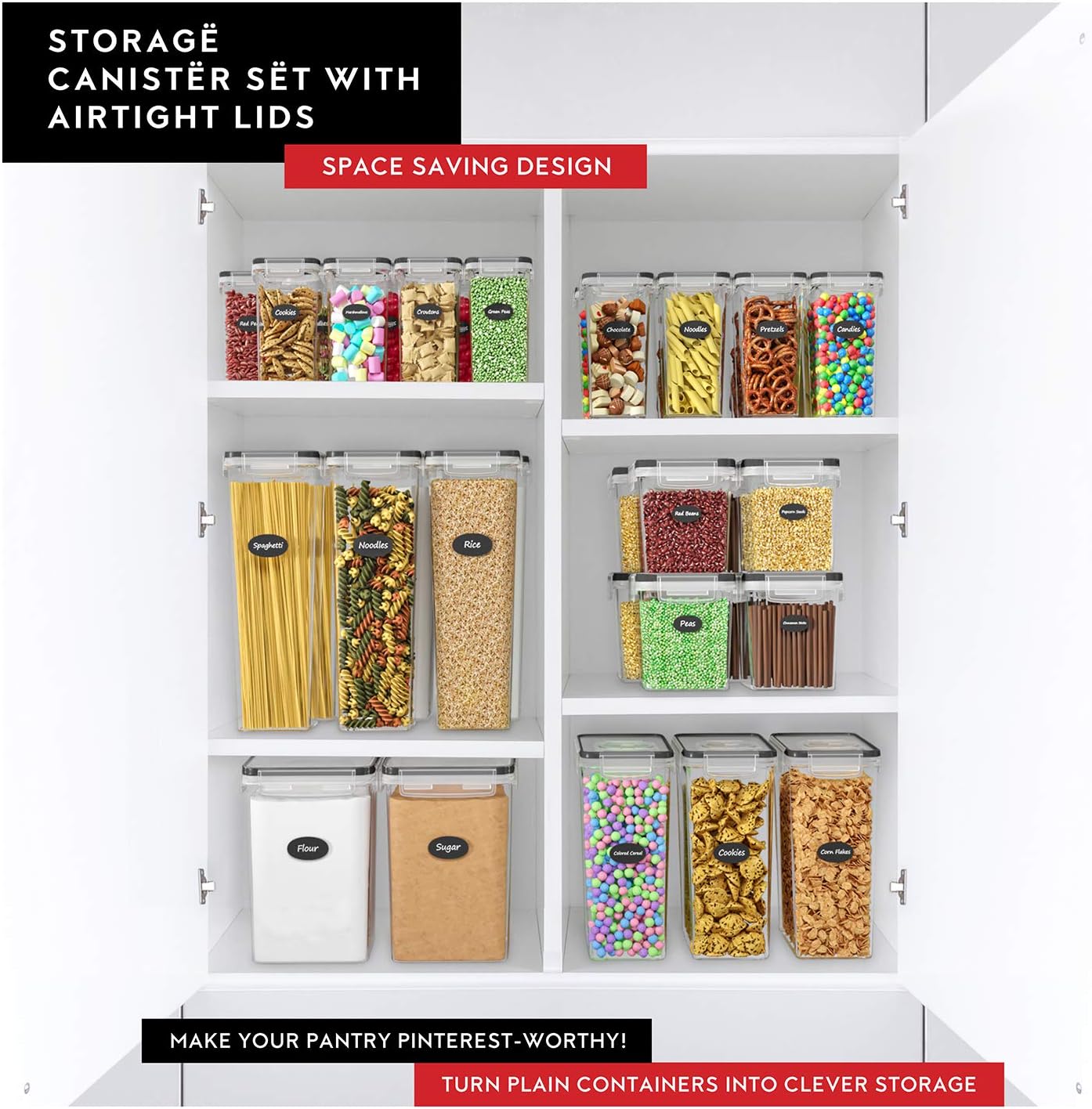 DWËLLZA KITCHEN Flour Sugar Storage Containers Set of 4; 3.6l Plastic Airtight Food Storage Containers with Lids for Kitchen Pantry Organization and Storage - Dry Food Containers, Labels & Marker