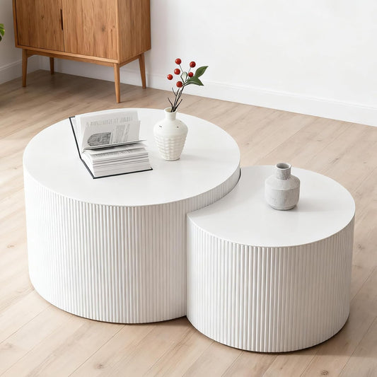 Round Nesting Coffee Table Modern White Fluted Coffee Table Set of 2 for Living Room Circle Drum