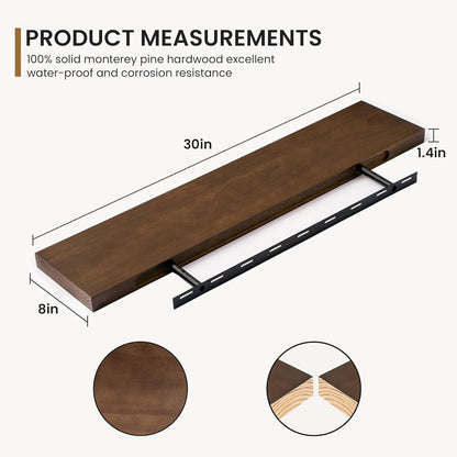 Fun Memories Farmhouse Floating Shelves - 8 Inch Deep Rustic Wood Wall Shelf - Premium Solid Pine Wood Storage Shelf for Kitchen Living Room Bedroom - 30" W x 8" D - Set of 2 - American Walnut