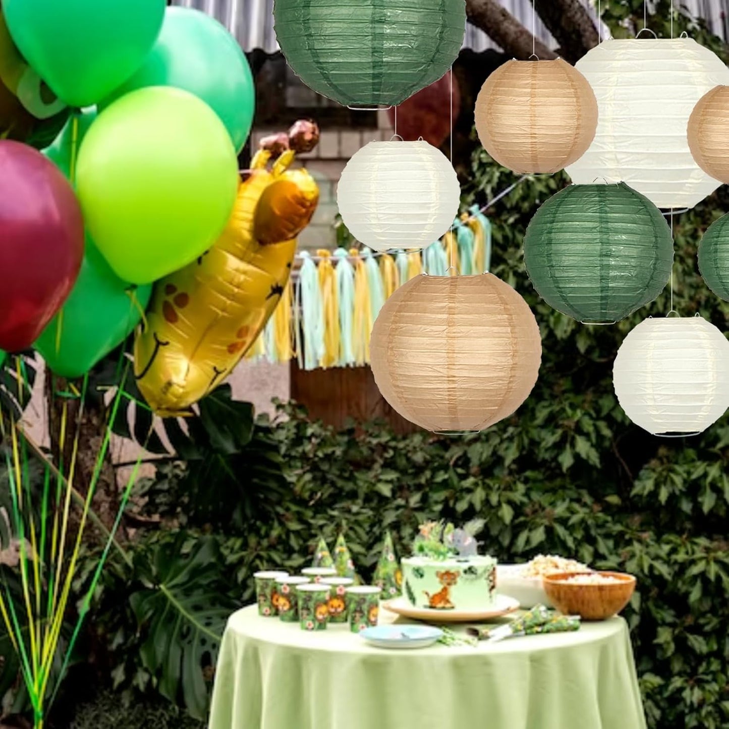 Green Round Chinese Paper Lanterns Decorative 15pcs Hanging Paper Lantern for Rustic Wedding Jungle Wonderland Themed Birthday Party Baby Shower