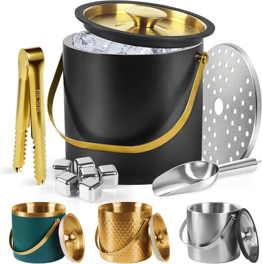 Ice Bucket, Ice Bucket with Silicone Sealing Ring Double-Wall Vacuum Insulation Champagne Buckets with Filter Layer Ice Tongs Ice Scoop (Black-Silver, 3 L)