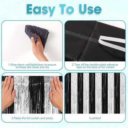 3 Pack 3.3 x 8.2 ft Black and Silver Foil Fringe Backdrop Curtains, Tinsel Streamers Party Decorations, Fringe Backdrop