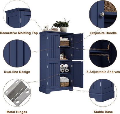 ChooChoo Bathroom Floor Cabinet, Modern Bathroom Storage Cabinet with 4 Doors and Adjustable Shelves, Freestanding Cupboard for Living Room, Navy Blue