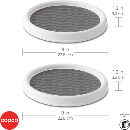 Copco 9 Inch Non Skid Pantry Cabinet Lazy Susan Turntable, Set of 2, Spinning Organizer for Kitchen, Countertop, or Bathroom, White and Gray