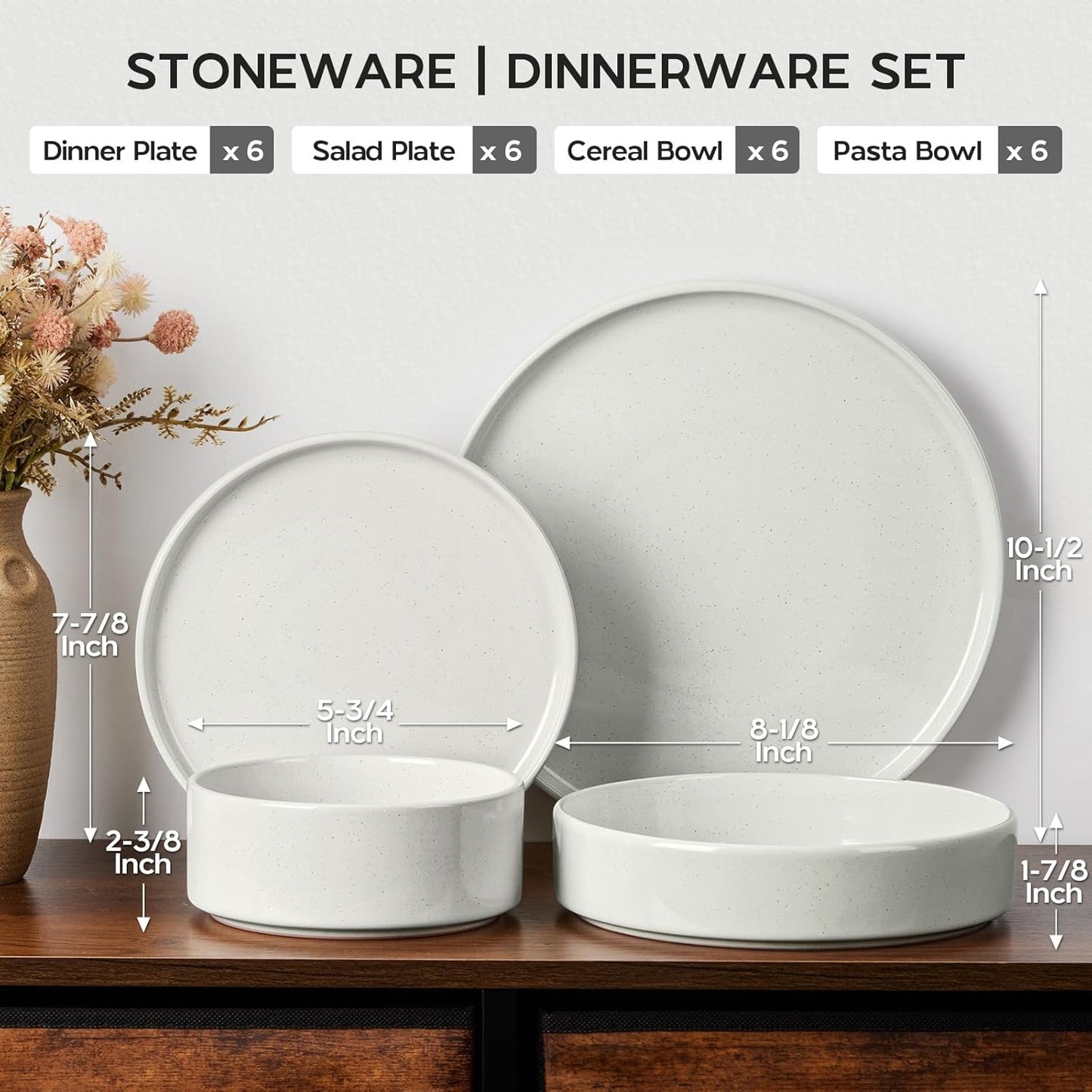 Onader 24 Piece Dinnerware Sets with Pasta Bowls for 6, Stoneware Plates and Bowls Dish Sets, Ceramic Speckled Dinner Dishware for Kitchen Dining, Microwave & Dishwasher Safe - Cloud White