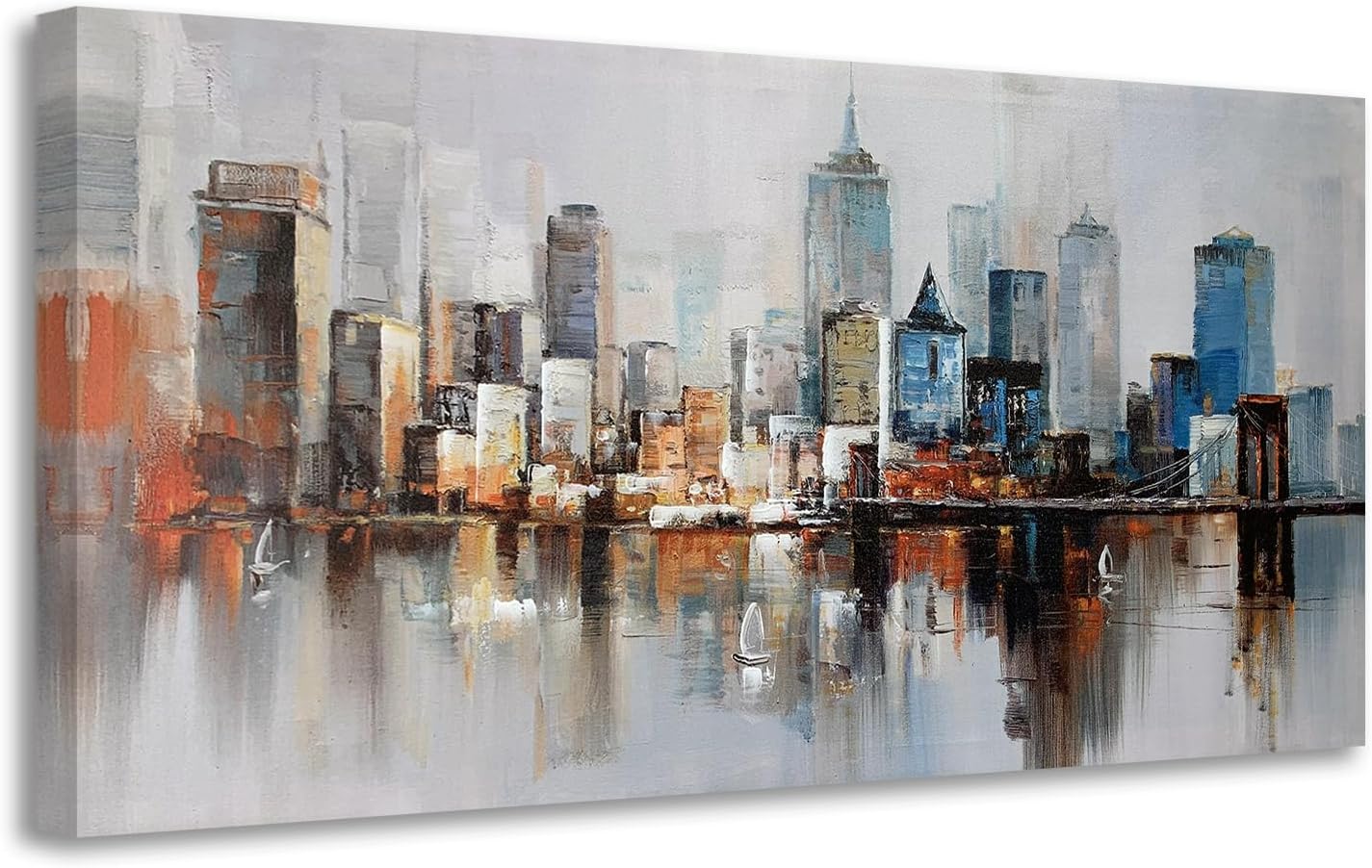 Arjun Brooklyn Bridge Wall Art Modern New York City Abstract Canvas Cityscape NY Painting Large Framed Colorful NYC Skyline Textured Picture for Living Room Bedroom Home Office Wall Decor, 48"x24"