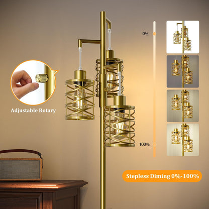 Oneach 70" Industrial Floor Lamp, Stepless Dimmable Standing Lamp with 3 Bulbs, Farmhouse Corner Standing Tree Lamp for Living Room, Tall Lamps for Bedroom, Office, Study Room, Dining Room, Gold