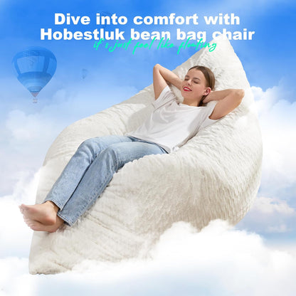 Hobestluk 3 in 1 Bean Bag Chair Giant Bean Bag Chairs for Adults with Chevron Plush Fur Cover Convertible Bean Bag Floor Cushion with Machine Washable Cover for Living Room (Chevron Plush White)