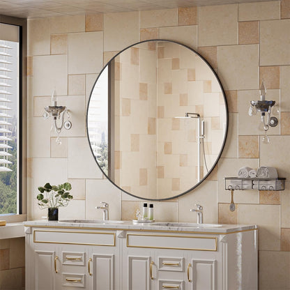 BEAUTYPEAK 42 Inch Round Mirror, Metal Frame Circle Mirror, Wall Mounted for Entryway, Bathroom, Vanity, Living Room, Black