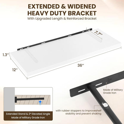 36" Floating Shelves for Wall, 12" Deep Slim White Floating Shelves, Wall-Mounted Shelves for Bedroom, Living Room, Kitchen, Bathroom - Set of 2