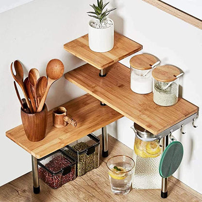 HYNAWIN Corner Shelf, 3 Tier Bamboo & Metal Storage Spice Rack-Desk, Space Saving Bookshelf with Hooks, Adjustable Display Shelf for Creative Home Décor Kitchen, Bedroom, Office (21CO)