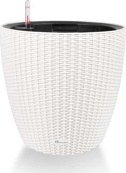 Dexceder 15x14 Rattan Self Watering Planter with Wheels Indoor Outdoor, Inner Pot Design, Thickened Large Floor Standing Flower Plant Pot with Water Level Indicator (Ivory White)