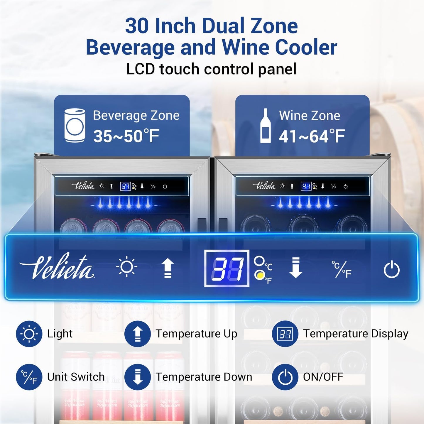 Wine and Beverage Refrigerator 30 Inch, Upgrade Dual Zone Wine Cooler, 30'' Wine beverage Fridge Built in or Freestanding Under Counter Large Capacity Glass Door Advanced Cooling System