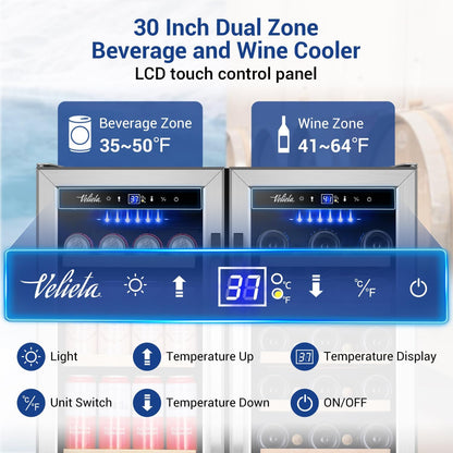 Wine and Beverage Refrigerator 30 Inch, Upgrade Dual Zone Wine Cooler, 30'' Wine beverage Fridge Built in or Freestanding Under Counter Large Capacity Glass Door Advanced Cooling System