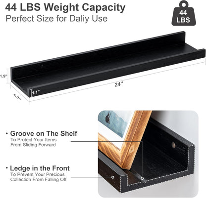 Floating Picture Ledge Shelves 24 Inch Solid Oak Wood Set of 2, Rustic Wall Storage Shelves with Lip, Kids Bookshelf, Photo & Picture Ledge Shelves for Bedroom, Living Room, Kitchen