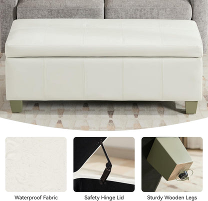 51" Faux Leather Storage Ottoman, Stitch Tufted Rectangle Upholstered End of Bed Storage Bench, Entryway Large Couch Ottoman with Wooden Legs,White