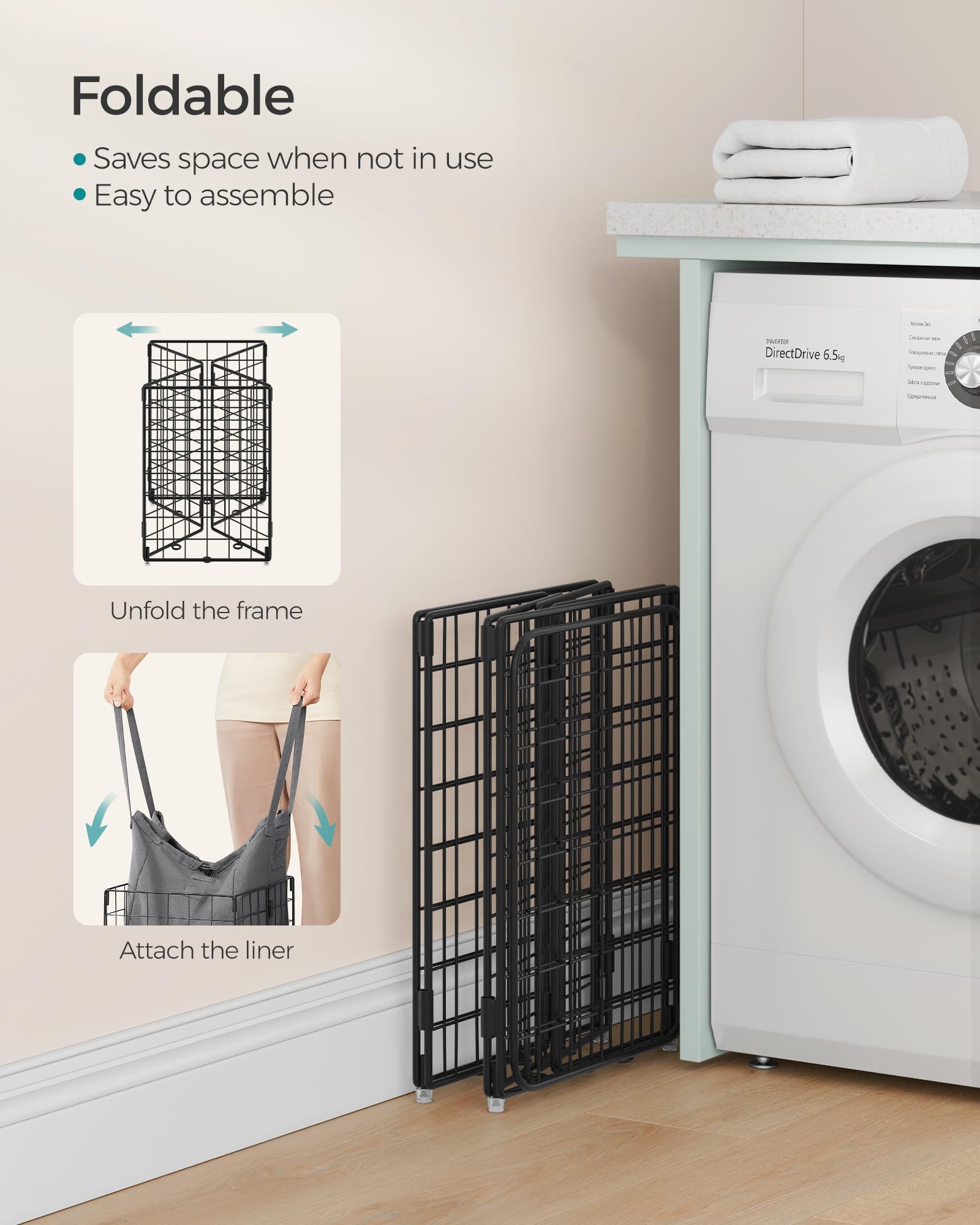 SONGMICS Laundry Hamper, 11 Gal. (50L) Laundry Basket, Collapsible Clothes Hamper, Removable and