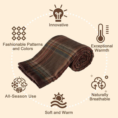 YOUR MOON 100% Pure Merino Wool Queen Size, Australian Organic Natural Wool Blanket, Hypoallergenic Wool Blanket for Bed, Medium Weight(Plaid Brown, 90 * 90)