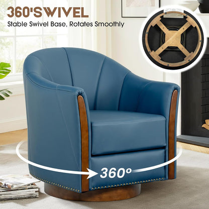 360° Swivel Accent Chair, Modern Leather Barrel Club Chair with Leather Upholstery and Sturdy Wood Base, Comfortable Armchair for Living Room, Bedroom, Reading Nook, Blue