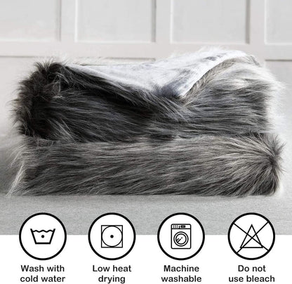 Luxury Faux Fur Throw Blanket, Grey and Black High Pile Mixed Throw Blanket, Super Warm, Fuzzy, Elegant, Fluffy Decoration Blanket Scarf for Sofa, Couch and Bed, 60''x 80''