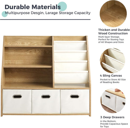 Kids Bookshelf, Kids Toy Storage Organizer with Storage Bins, Wooden Bookshelf and Book Display Shelf for Bedroom, Playroom, Nursery, Classroom, Teak Color