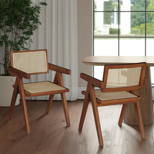 Rattan Accent Chairs Set of 2, Mid Century Modern Dining Armchairs With Cane Back, for Kitchen