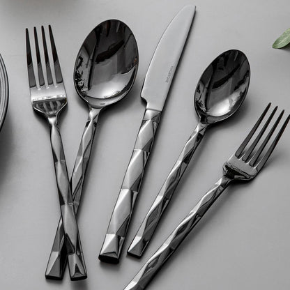 KINGSTONE Black Silverware Set, Luxury 60 Piece Flatware Set for, 18/10 Stainless Steel Cutlery Set with Diamond Cut Pattern for Kitchen, Home, Wedding, Party, Mirror Polished and Dishwasher Safe