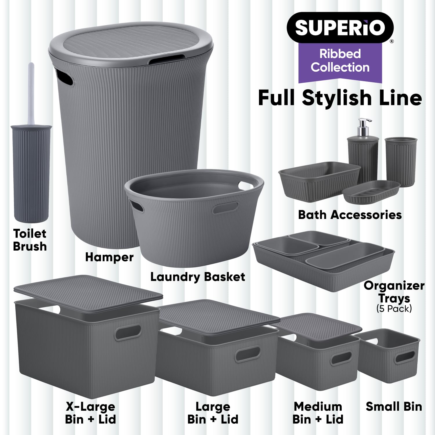 Superio Ribbed Collection - Decorative Plastic Basket Open Home Storage Bins Organizer, Medium Grey