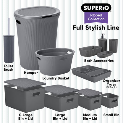 Superio Decorative Lidded Home Storage Bins, Plastic Organizer Baskets, Medium Grey (2 Pack - 5