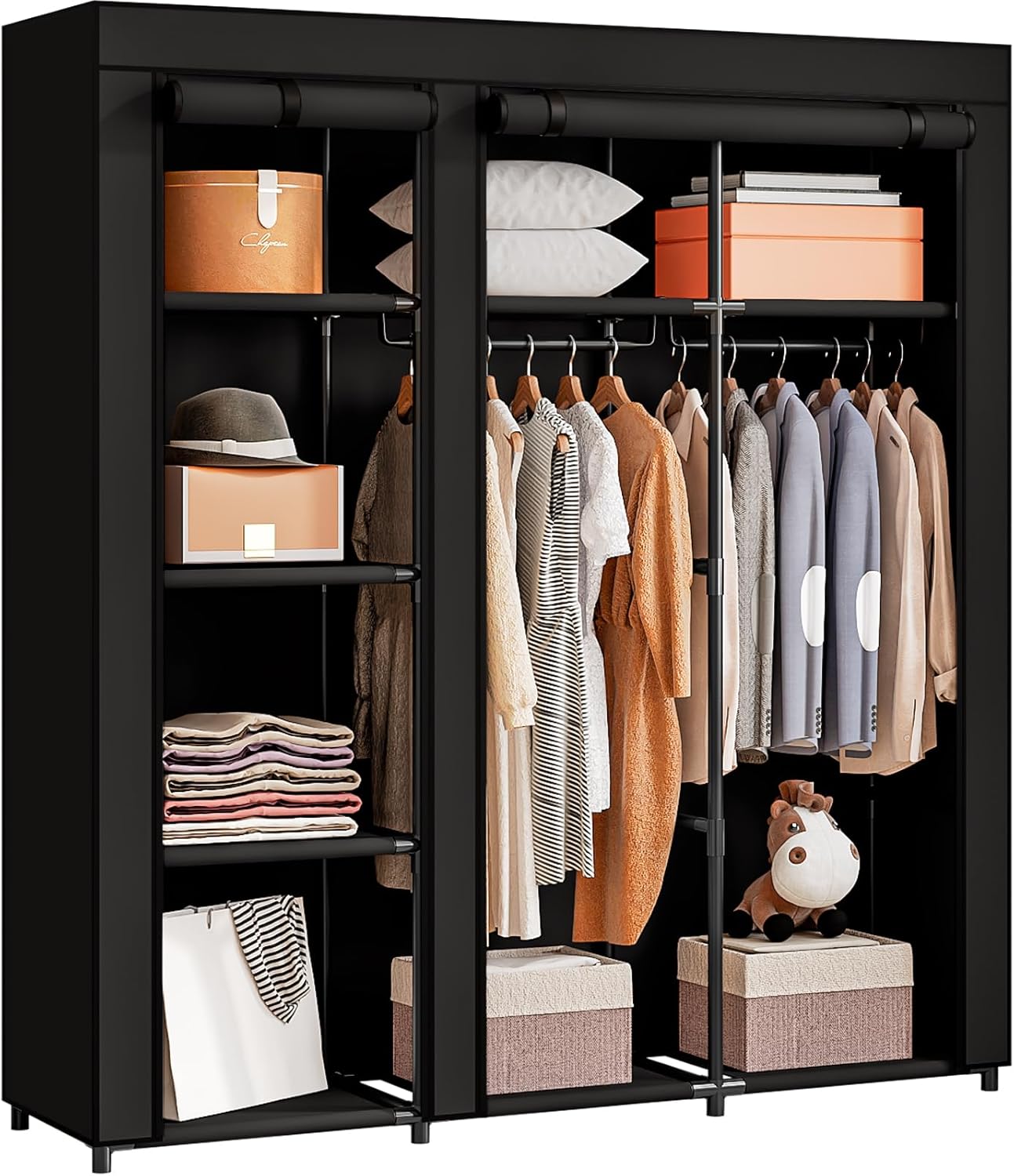 SORCEDAS Portable Wardrobe Closet Storage Organizer Metal Hanging Rack Non-Woven Fabric (Black, 51 Inch)