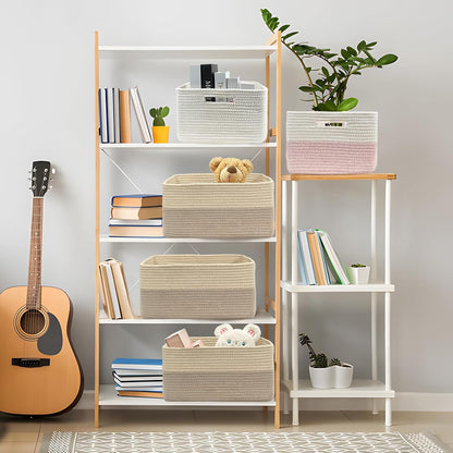 COMFY-HOMI Cotton Rope Woven Basket with Handles for Shelves,Toys,Book, Cloth Storage Baskets for Organizing-17" x 13" x 7.5" Toy Decorative Organizer for Living Room, Bathroom （Beige brown）