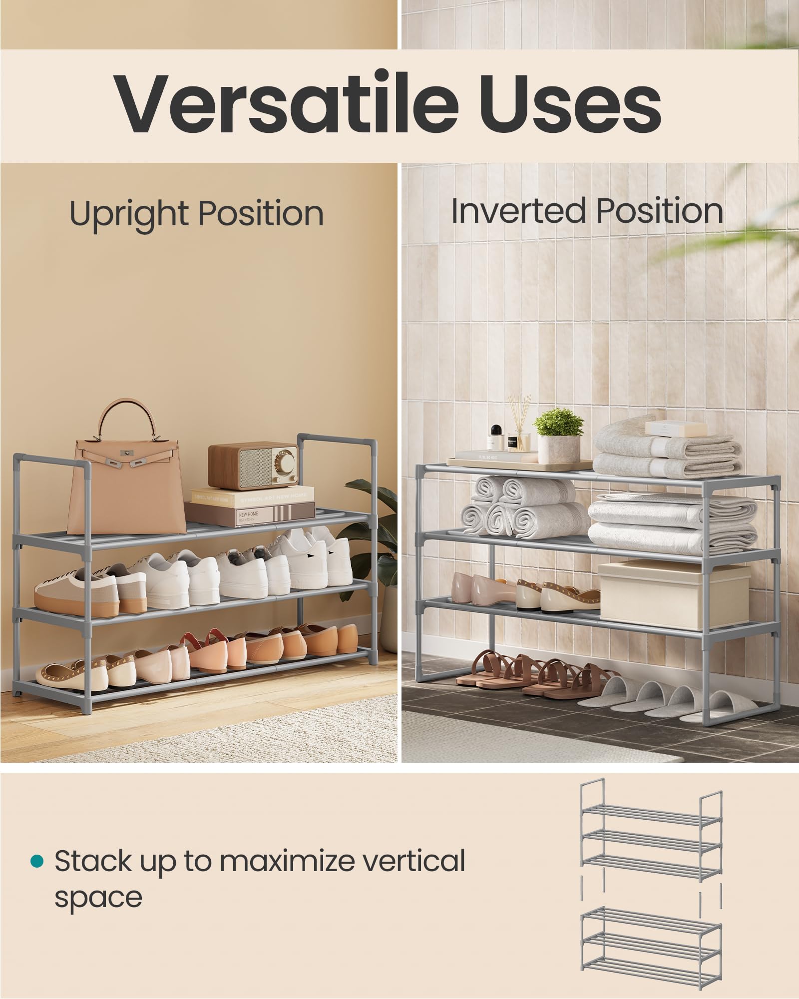 SONGMICS Shoe Rack, 3-Tier Shoe Organizer, Metal Storage Shelf, Upright or Upside Down, for 16-20