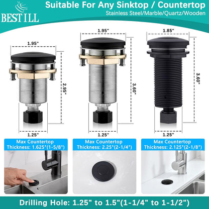 BESTILL Garbage Disposal Sink Top Air Switch Kit with Single Outlet, Matte Black 3.6" Long Push Button with Brass Cover, UL Listed, Compatible with all Garbage Disposals