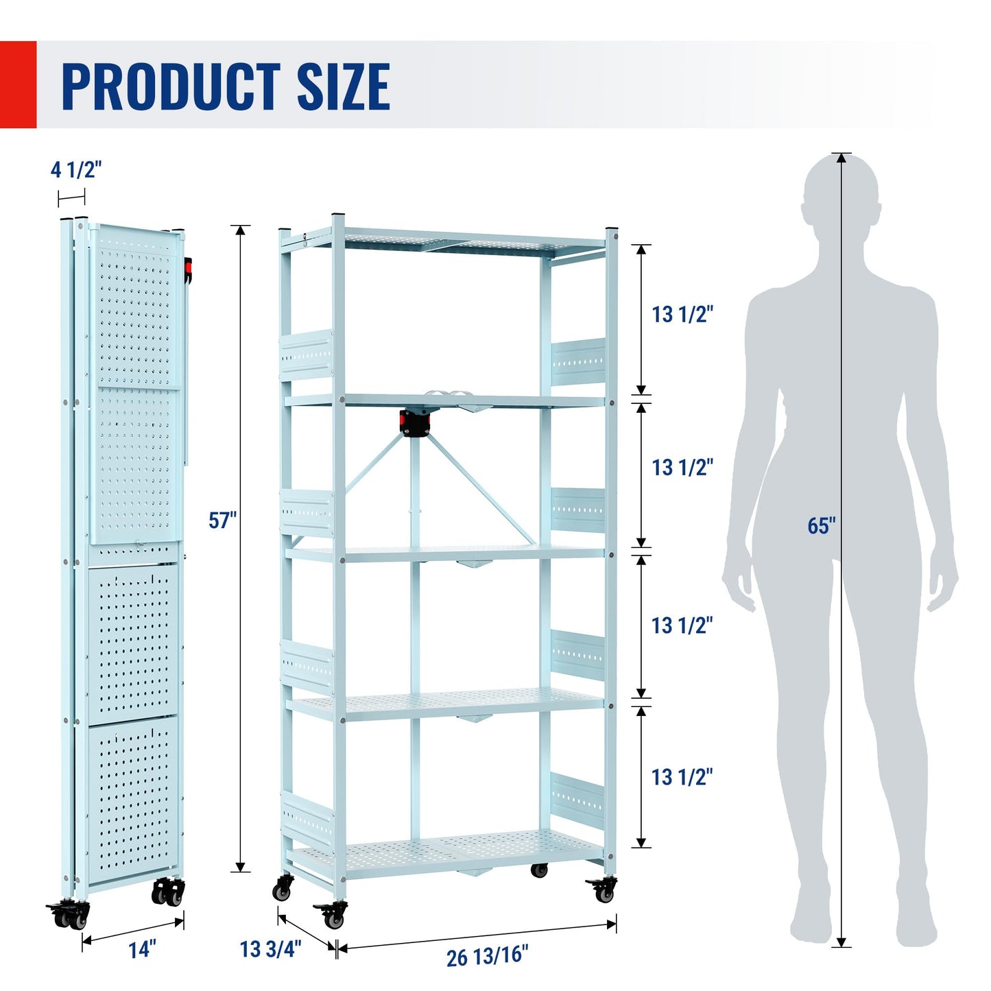 WORKPRO 5-Tier Folding Shelf, No-Assembly Metal Storage Rack with Wheels, 750 lbs Capacity (with