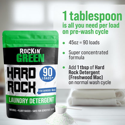 Rockin' Green Hard Rock Laundry Detergent for Hard Water (90 Loads), Plant based, Natural Laundry Detergent Powder, Biodegradable Odor Fighter, Safe for Sensitive Skin, 45 oz (Freshwood Mac)