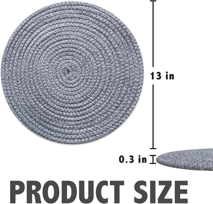 Round Placemats Set of 6, Cotton Rope Woven Table Mats, Hot Pads for Kitchen, Non Slip Heat Resistant Place Mats, 13 Inches Braided Placemat for Farmhouse Decor and Kitchen Table Decor (Gray)